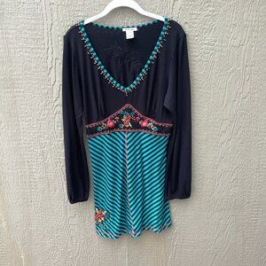 Vtg Krista‎ Lee Dress Size L Embroidered Floral Beaded Long Sleeve V-Neck